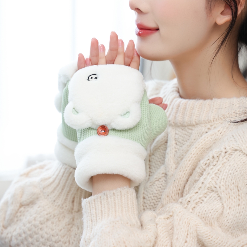 女聚酯纤维翻盖双层加厚保暖手套