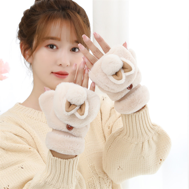 毛茸茸兔子手套女冬季加绒加厚保暖韩版百搭可爱少女学生半指翻盖