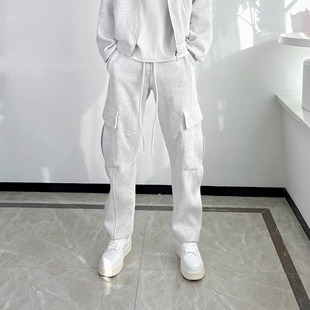 LUCHONG 弯刀工装风多口袋卫裤 加绒男宽松百搭休闲裤灰色运动裤