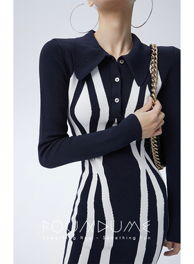 Foundume  极ZHI显瘦|提花针织长袖翻领设计感连衣裙女中长款