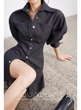 Foundume 25早秋新款日本JIN口免洗牛仔羊腿袖衬衫连衣裙女
