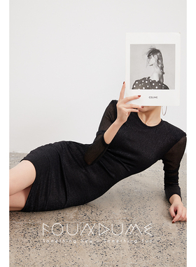 Foundume  25春夏新款黑色微透视小圆领垫肩短款包臀连衣裙女