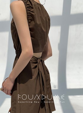 Foundume 灰驼色抗皱高密休闲后背露腰无袖系带连衣裙女