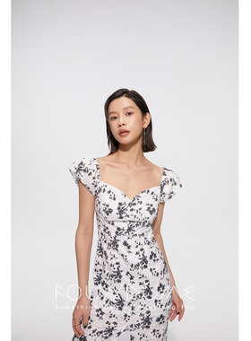 Foundume 黑白绣花精硫棉短袖修身抹胸式连衣裙女短款