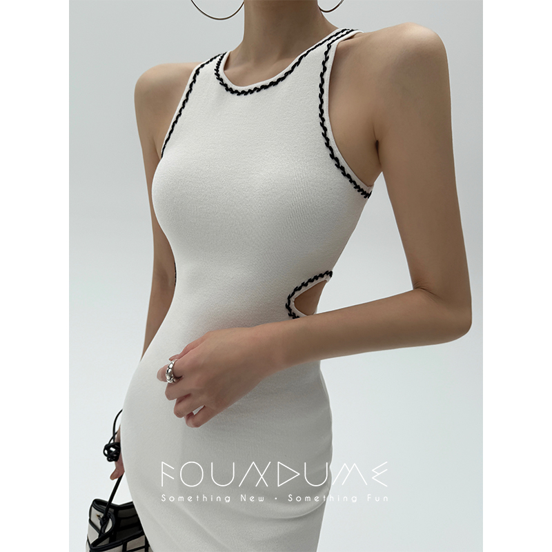 Foundume 25夏季新款镂空白色背心绣花短款修身包臀针织连衣裙