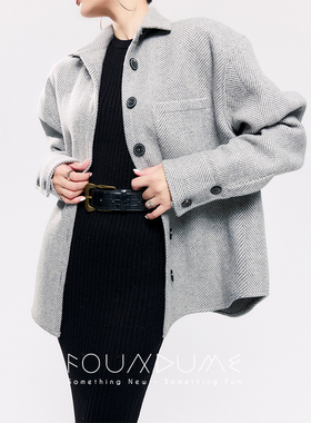 Foundume 秋冬新款重磅双面提花羊毛人字纹呢料宽松衬衫式外套