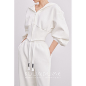 白色抽绳阔腿裤 鱼骨收腰白色连帽卫衣 早春新款 Foundume