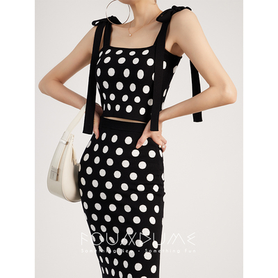 Foundume 25夏季新款裹胸绑带上衣+鱼尾裙波点针织套装