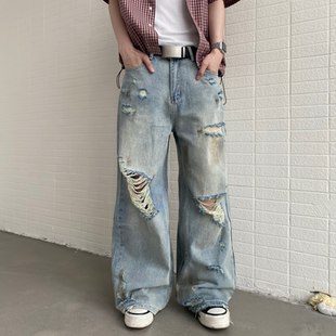 街头百搭显瘦长裤 KidThe1One美式 复古水洗做旧破洞宽松阔腿牛仔裤