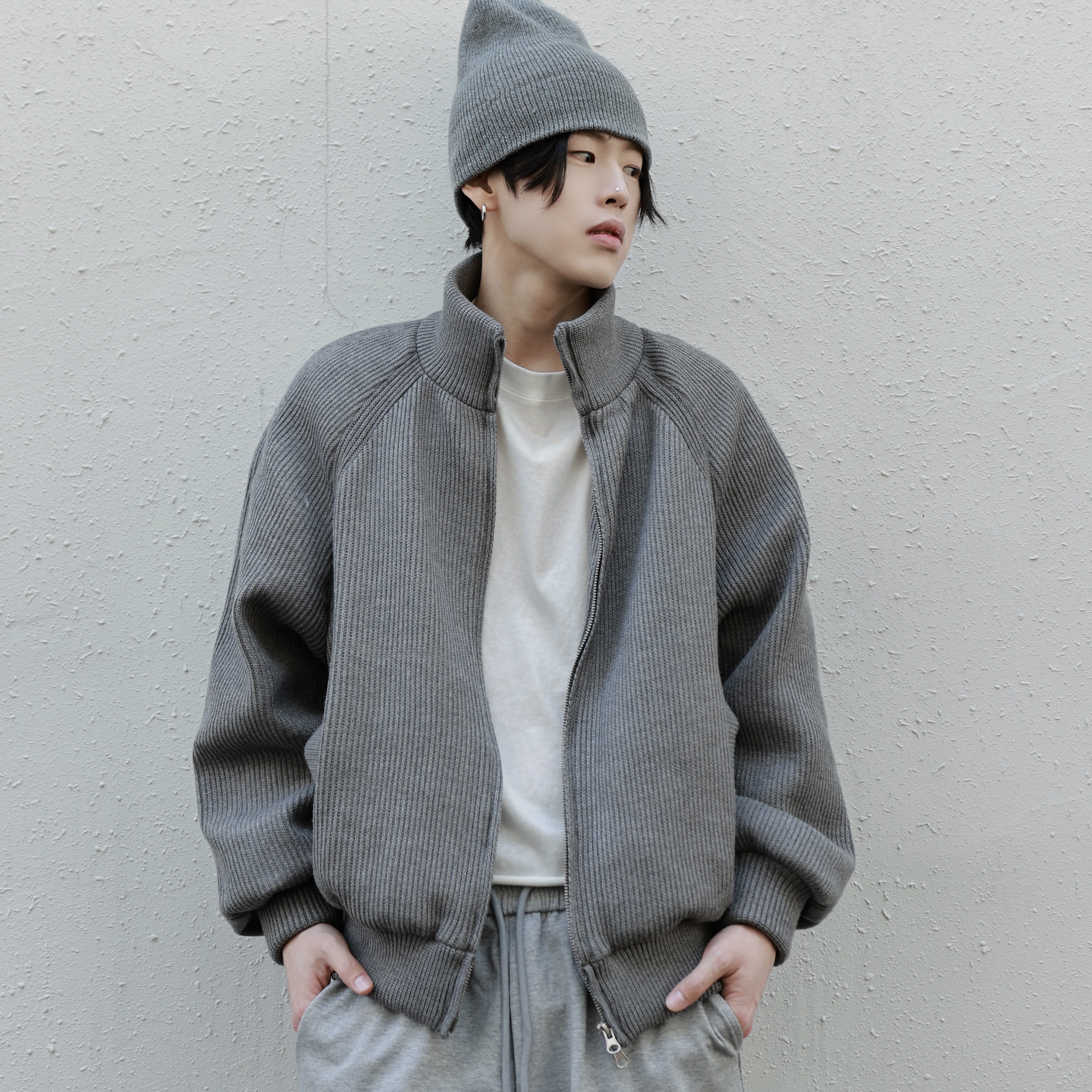 Kid The1One 美式复古宽松保暖加厚90白鸭绒开衫针织毛衣外套秋冬