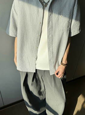 Kid The1One 美式复古cleanfit竖条纹短袖衬衫男女宽松衬衣上衣潮