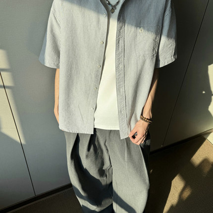 Kid The1One 美式复古cleanfit竖条纹短袖衬衫男女宽松衬衣上衣潮