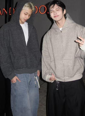 Kid The1One 欧若复古条纹连帽拉链外套2025宽松开衫卫衣长袖秋冬