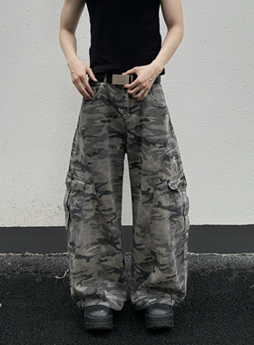 Kid The1one 美式复古迷彩多口袋弯刀工装裤男女宽松嘻哈街头长裤