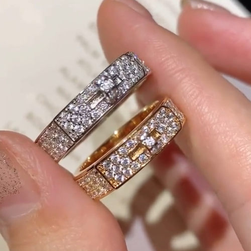 玫瑰金满钻戒指猪鼻子女士婚戒