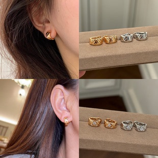 Bella新款 玫瑰金镶钻cococrush菱格纹耳拍纯银针耳钉小巧耳环女潮
