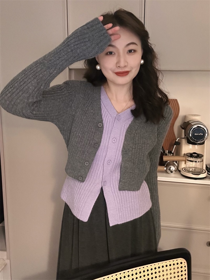 Something叁熏  美拉德拼接假两件短款上衣针织毛衣