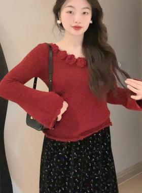 something叁熏 花朵镂空毛针织衫气质温柔小众法式开衫红色甜美