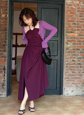 Something叁熏 纯欲风褶皱吊带修身收腰露背性感紫色显瘦挂脖裙长