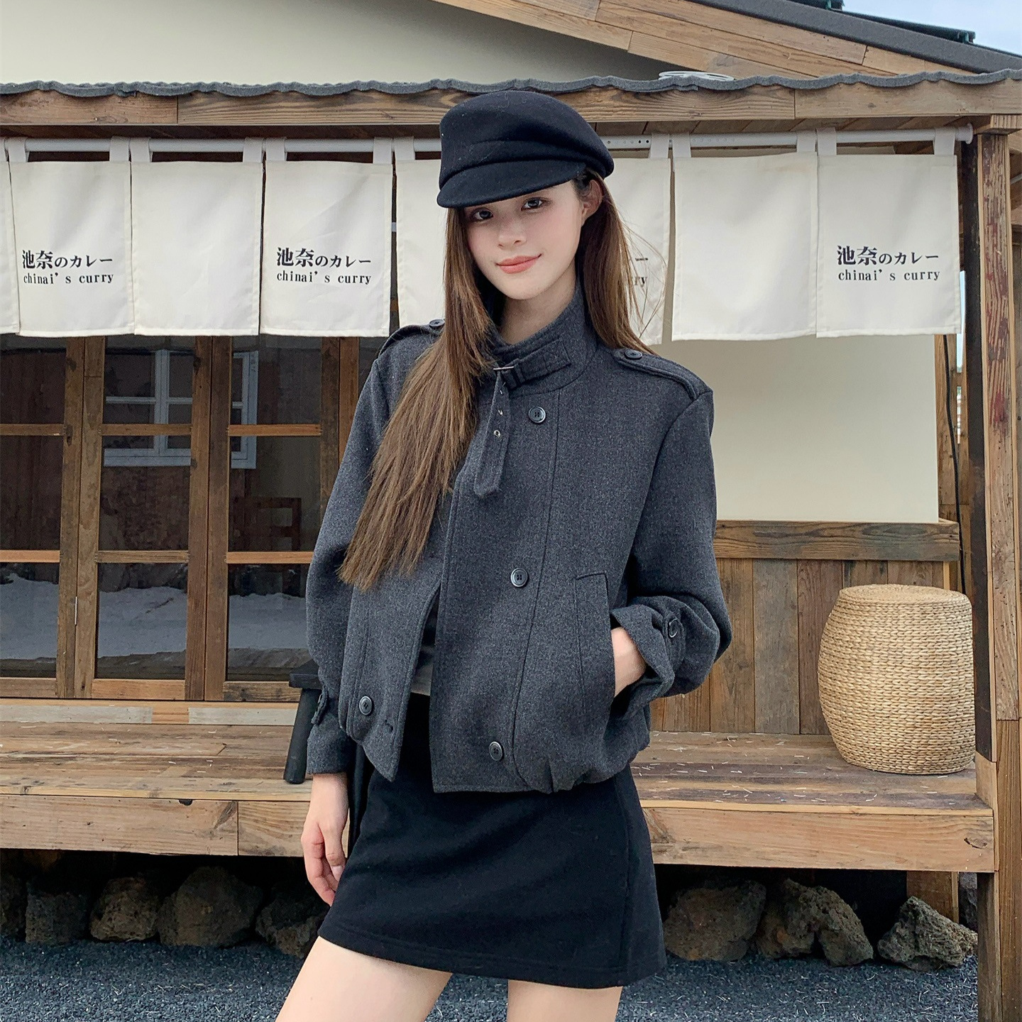 实拍 2025秋冬新款韩版复古立领双排扣短款毛呢外套女呢子夹克女