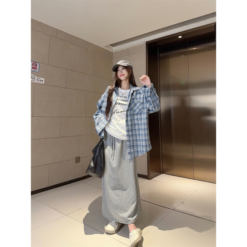 实拍现货实价长袖格子三件套休闲套装女宽松短袖T恤包臀半身裙