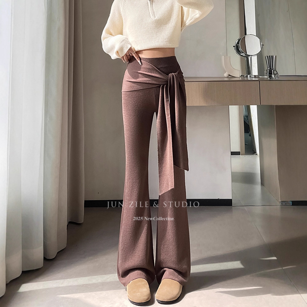 羊毛裤秋冬垂感显瘦高腰针织糯米裤休闲屁帘绑带微喇叭拖地裤子女