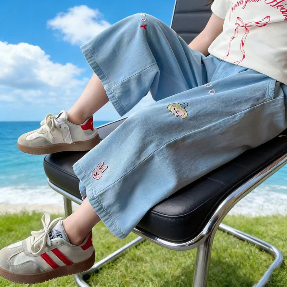 女童夏季九分牛仔裤儿童卡通刺绣直筒裤女孩韩版薄款防蚊裤夏装潮