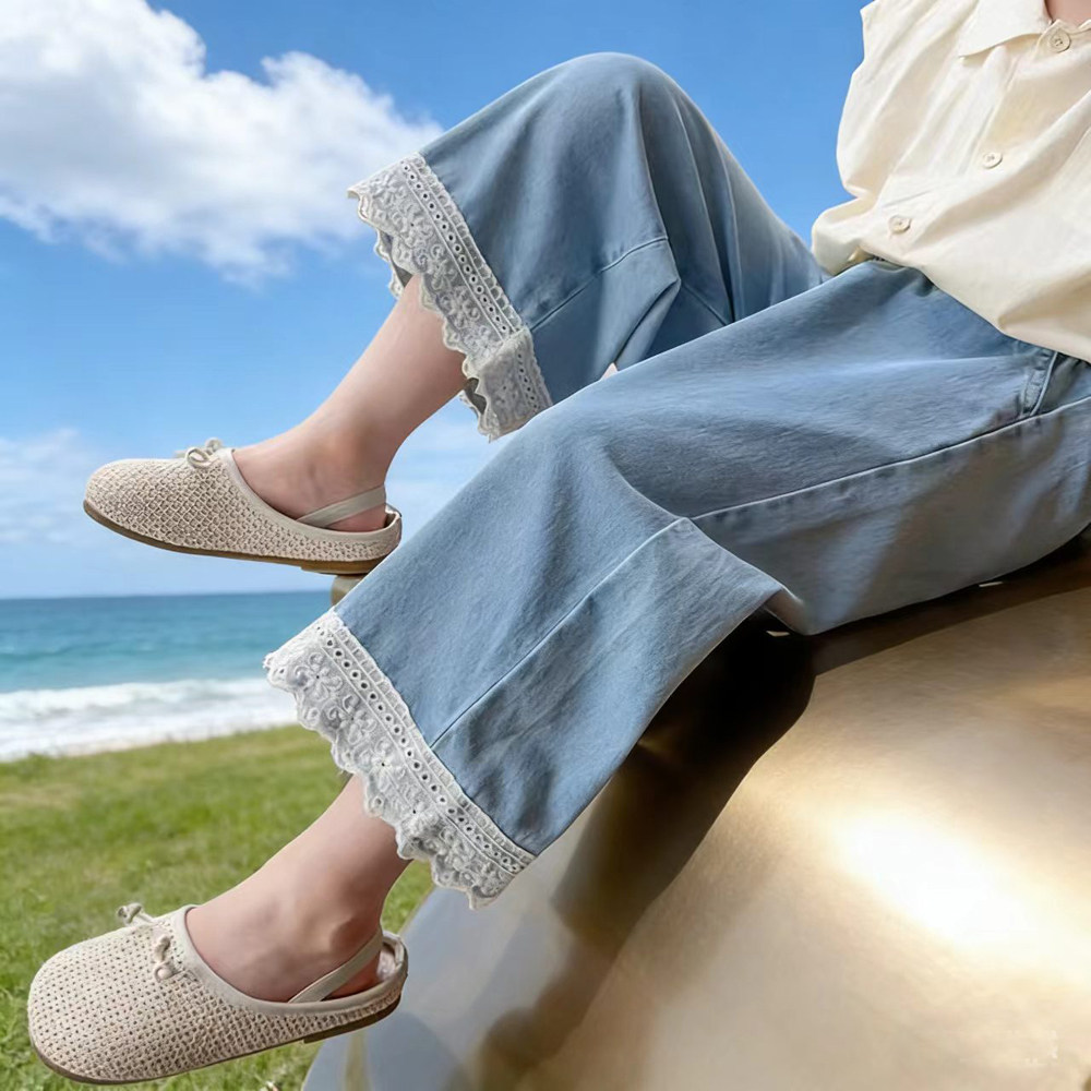 女童花边牛仔裤2026新款薄款夏女宝宝儿童直筒防蚊裤子夏季九分裤