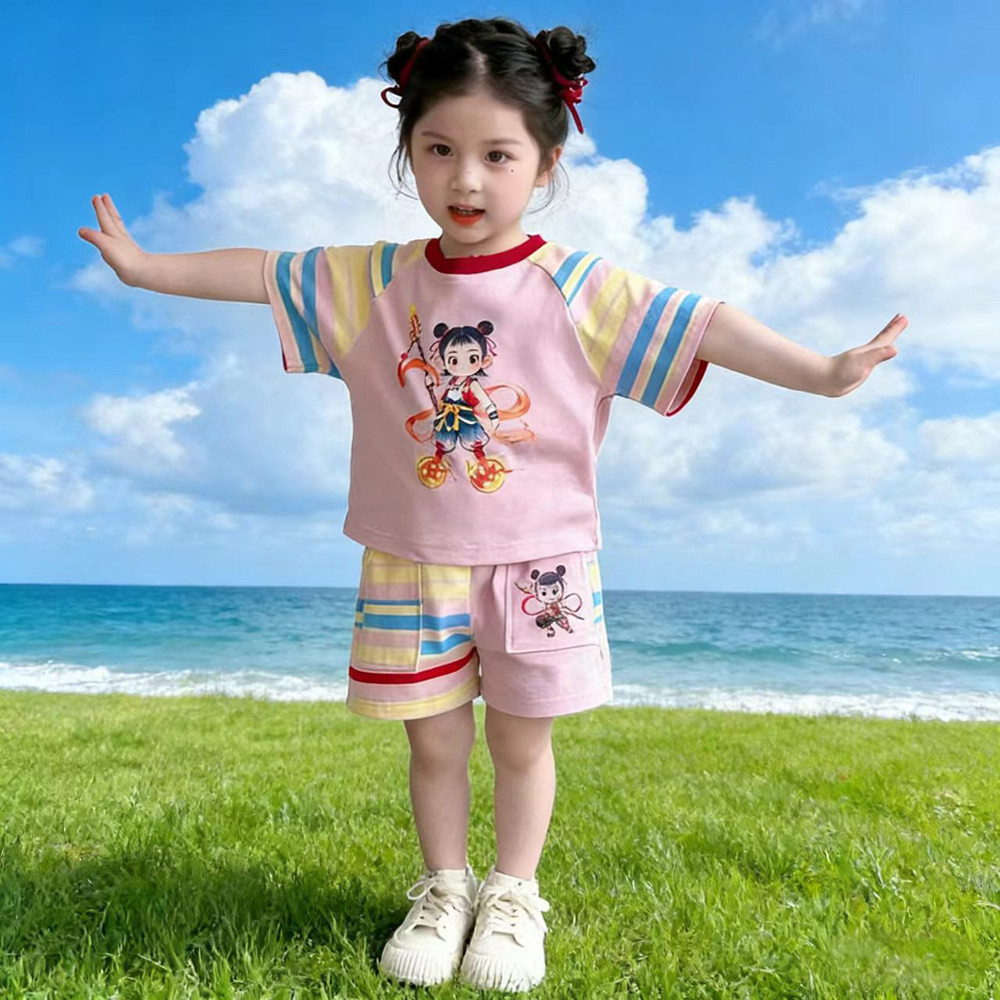 哪吒卡通女童夏季短袖套装2026新款儿童休闲运动薄款女孩两件套潮