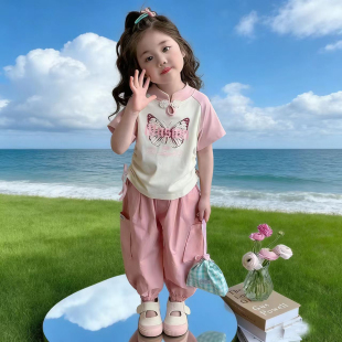 女童休闲套装夏季2026新款蝴蝶印花女孩短袖工装裤薄款儿童两件套
