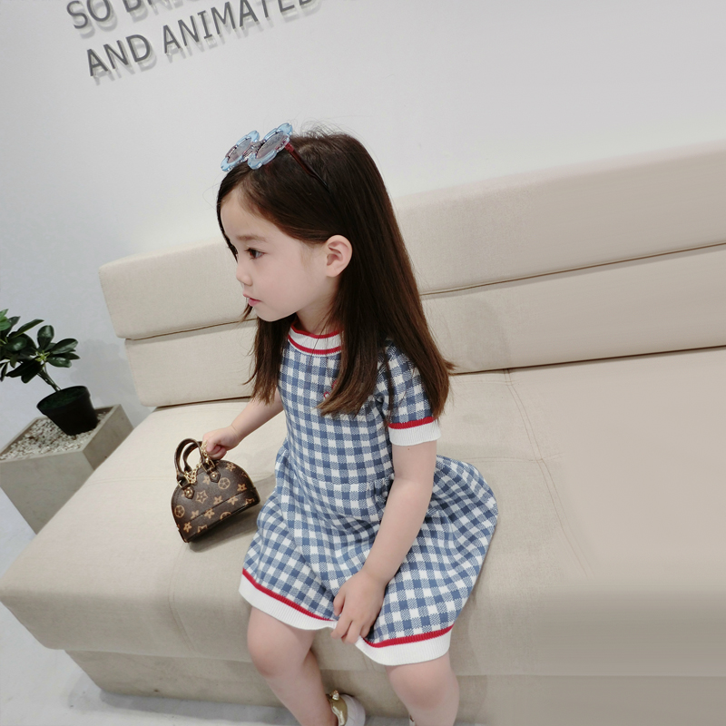 女童夏季藍色格子裙2018新款夏裝短袖小童裙子洋氣女孩寶寶針織裙