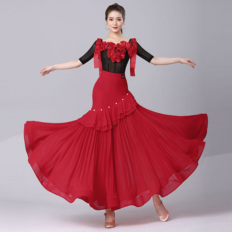 丹宝罗交谊舞大摆裙子典雅珍珠设计气质红色夏季国标摩登舞半身裙