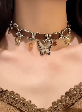 棕色皮革水晶蝴蝶项链女