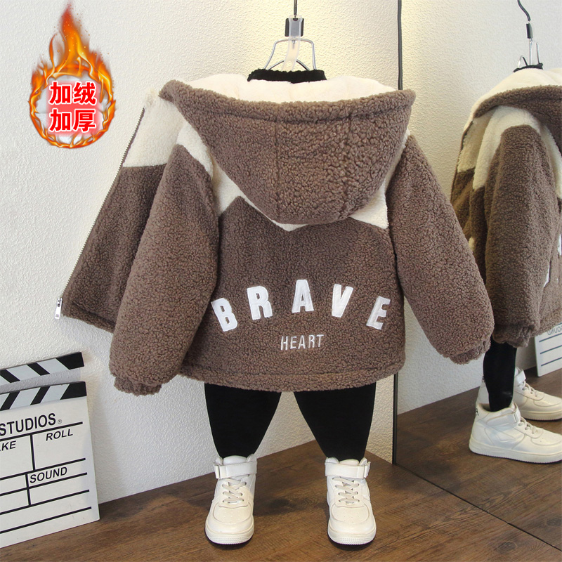 全棉男童外套秋冬款棉服2羊羔绒3毛毛衣4帅气5岁宝宝加绒加厚保暖