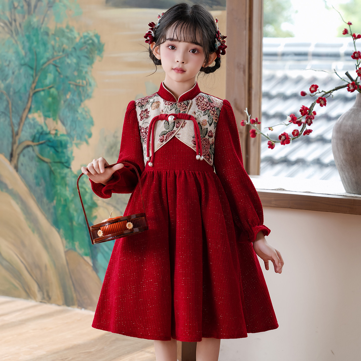 全棉女童连衣裙长袖秋冬新款中国风新年红色儿童裙子女孩生日公主