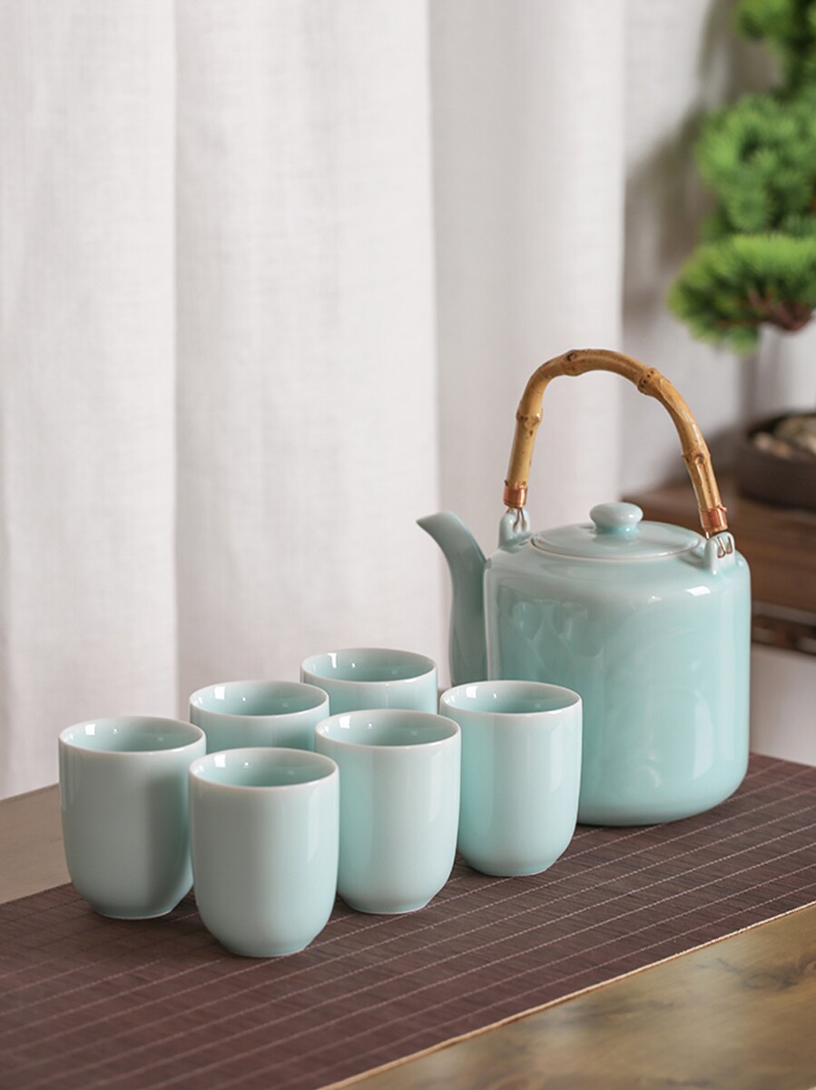 青瓷泡茶壶陶瓷1壶6杯家用竹提梁壶带水杯茶具大容量1L装兰花水壶