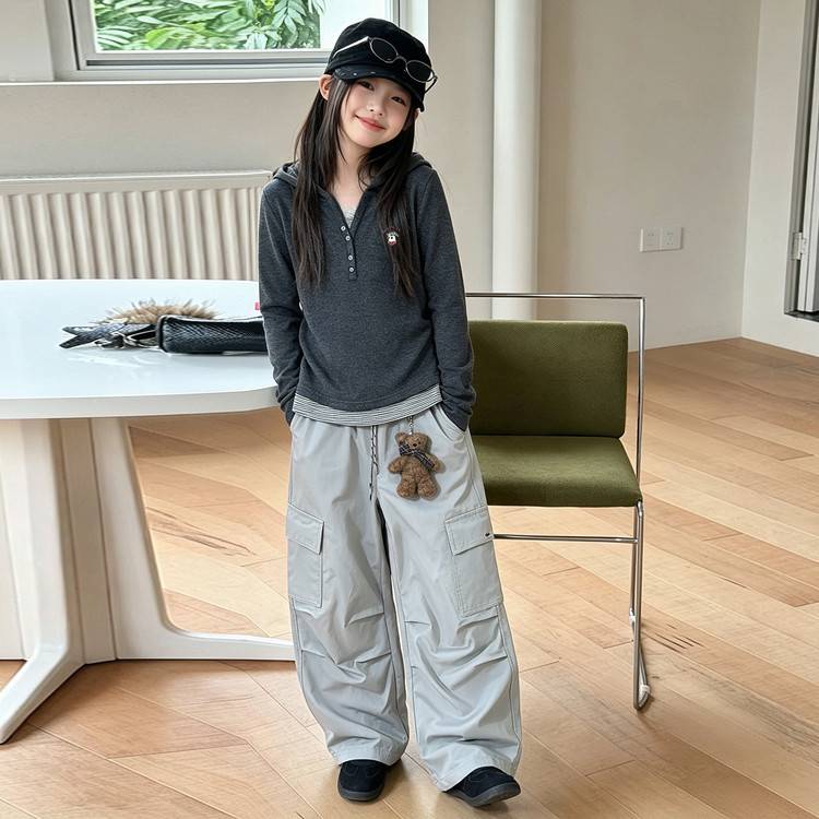 专柜品牌女大童韩系假两件帽衫长袖T恤套装2026儿童秋季休闲工装