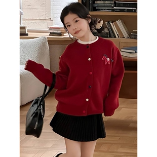 专柜品牌女童开衫毛衣冬装针织衫红色年服女孩2026马年本命年衣服