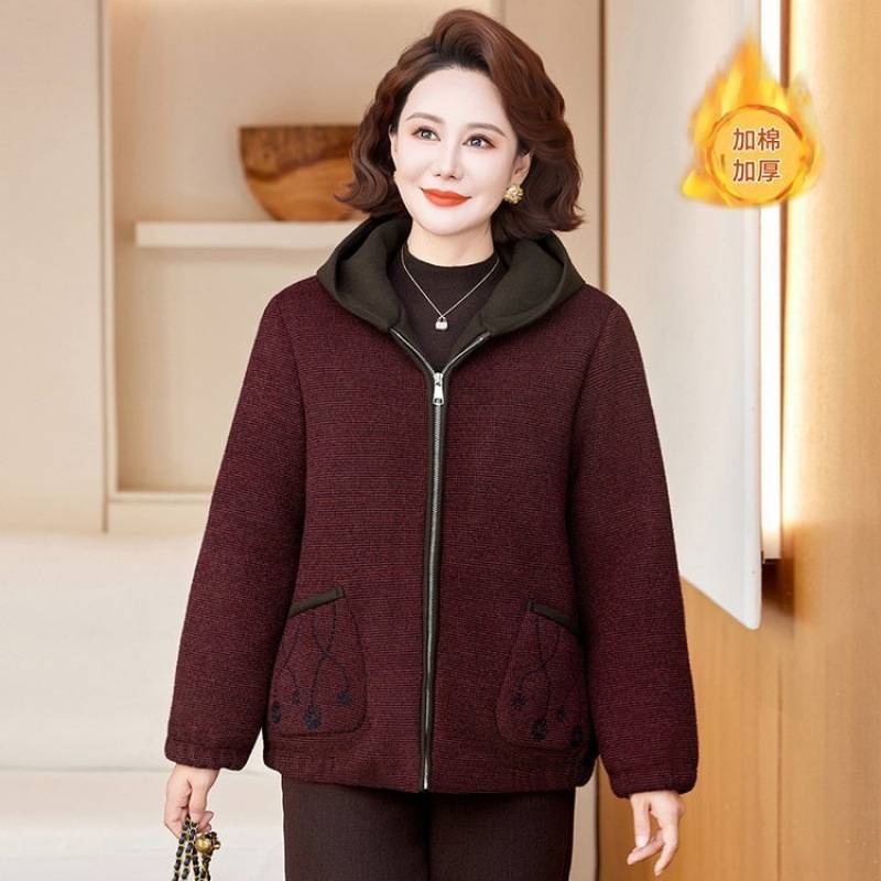 专柜品牌妈妈冬装加棉加厚款毛呢外套今年新款洋气中老年女装连帽