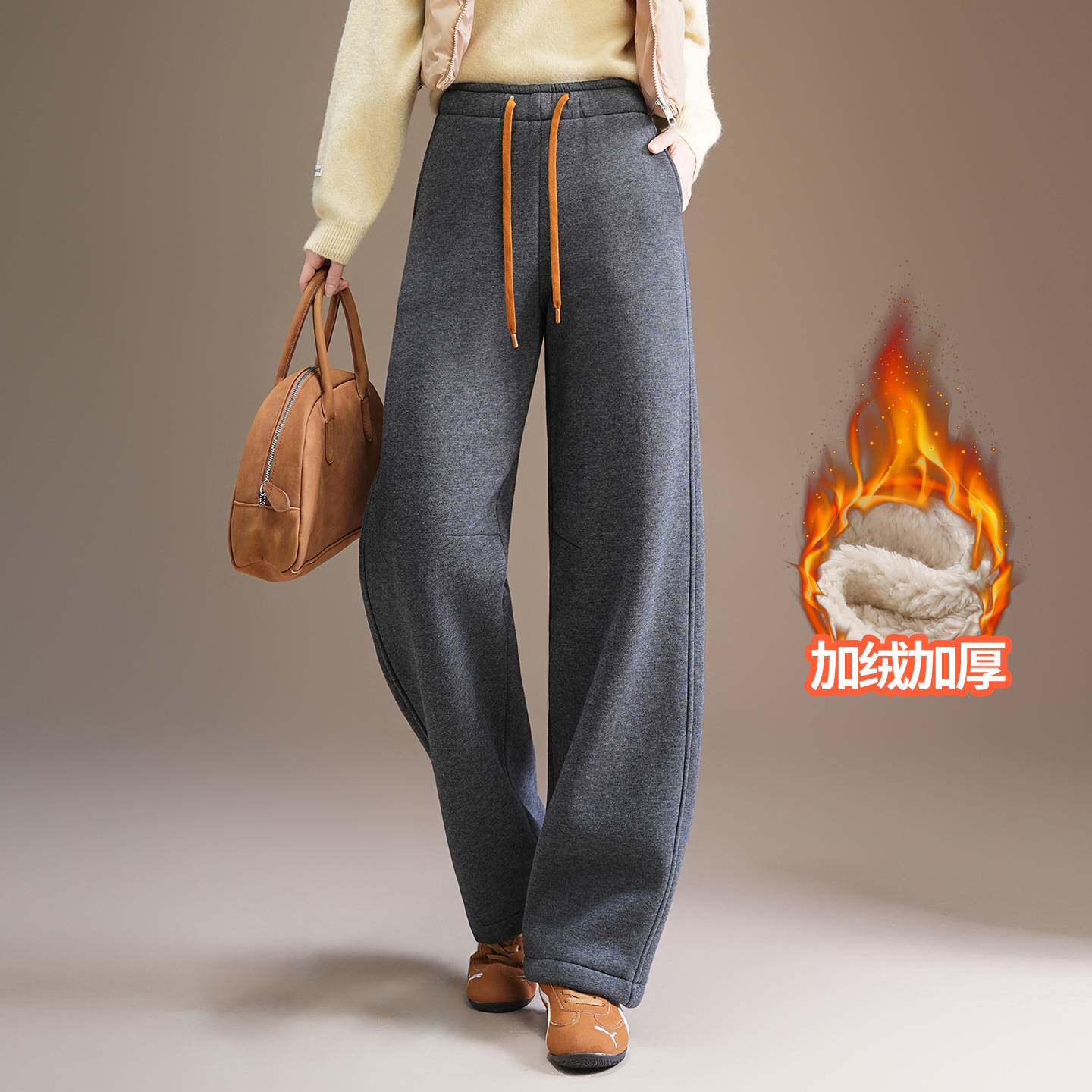 专柜品牌加绒加厚休闲运动裤女秋冬2025新款宽松显瘦弯刀裤直筒香