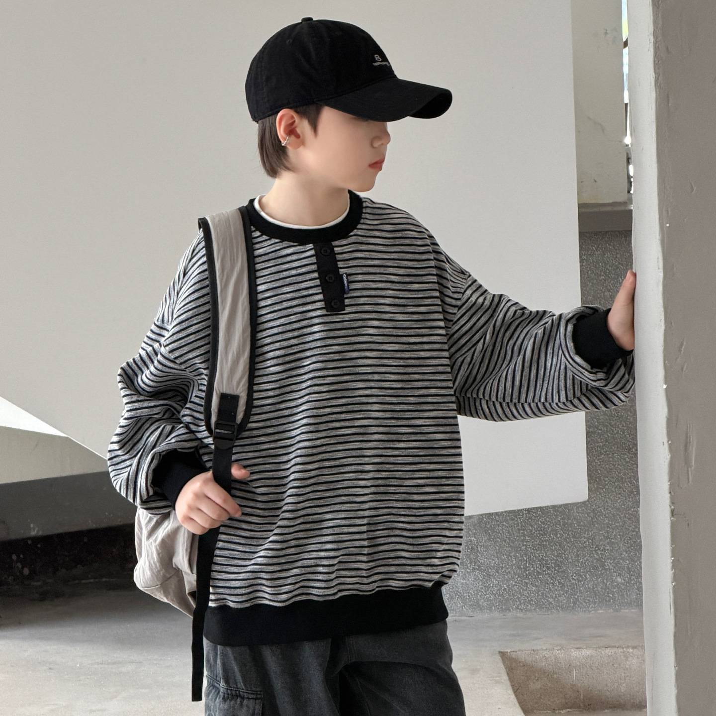 专柜品牌男童条纹卫衣春秋2026新款儿童秋季打底衫中大童宽松上衣