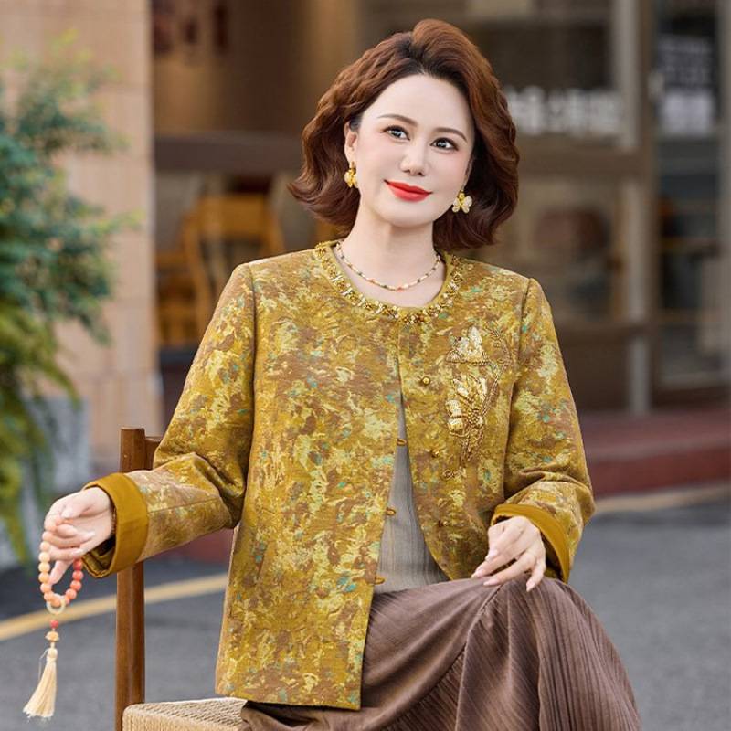 专柜品牌妈妈春季圆领中式国风外套秋天新款春秋季洋气中老年女装