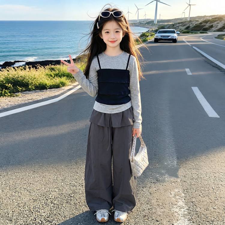 专柜品牌女童套装秋款2026新款中大儿童假两件上衣休闲套装韩版两