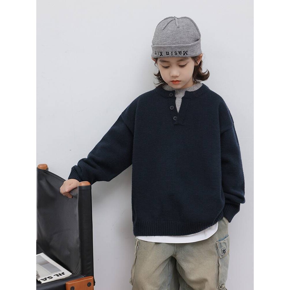 专柜品牌男童假两件毛衣2025新款秋冬装中大童儿童男孩春秋款痞帅