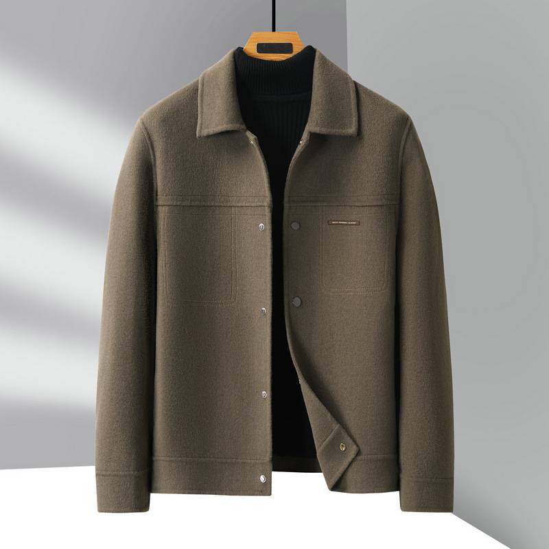 专柜品牌手工羊毛男式夹克秋冬翻领工装短款青年轻奢商务双面呢休