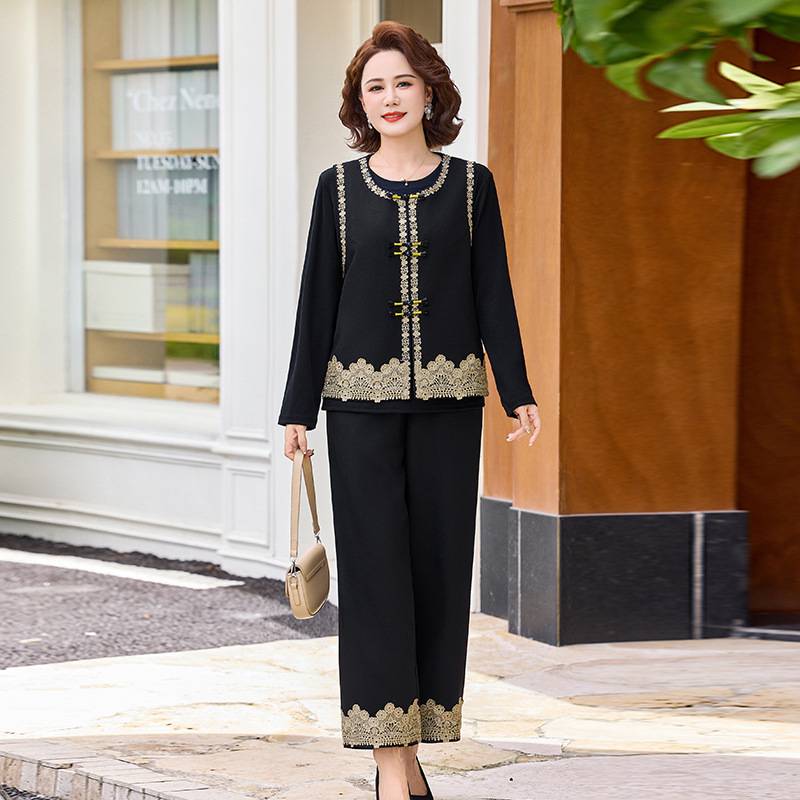 专柜品牌妈妈秋装新中式长袖套装中老年女装气质蕾丝刺绣马甲阔腿