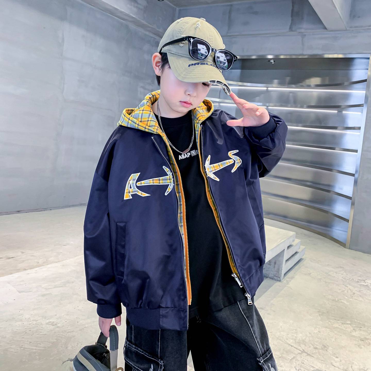 商场品牌男大童装秋季假两件拼接连帽外套2025新款儿童衣服中大童