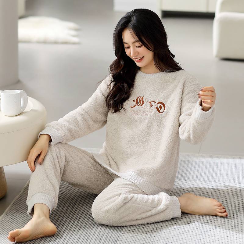 商场品牌半边绒睡衣女冬季加厚加绒保暖秋冬珊瑚绒可外穿软绵绵冬