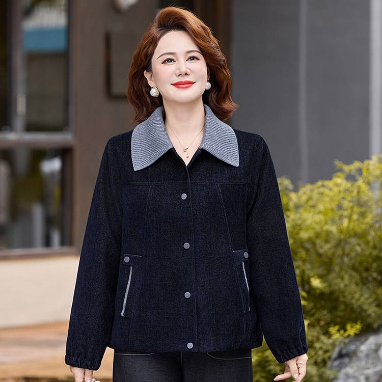 专柜品牌妈妈秋冬季时髦拼色毛线领牛仔外套中老年女装时尚上衣休