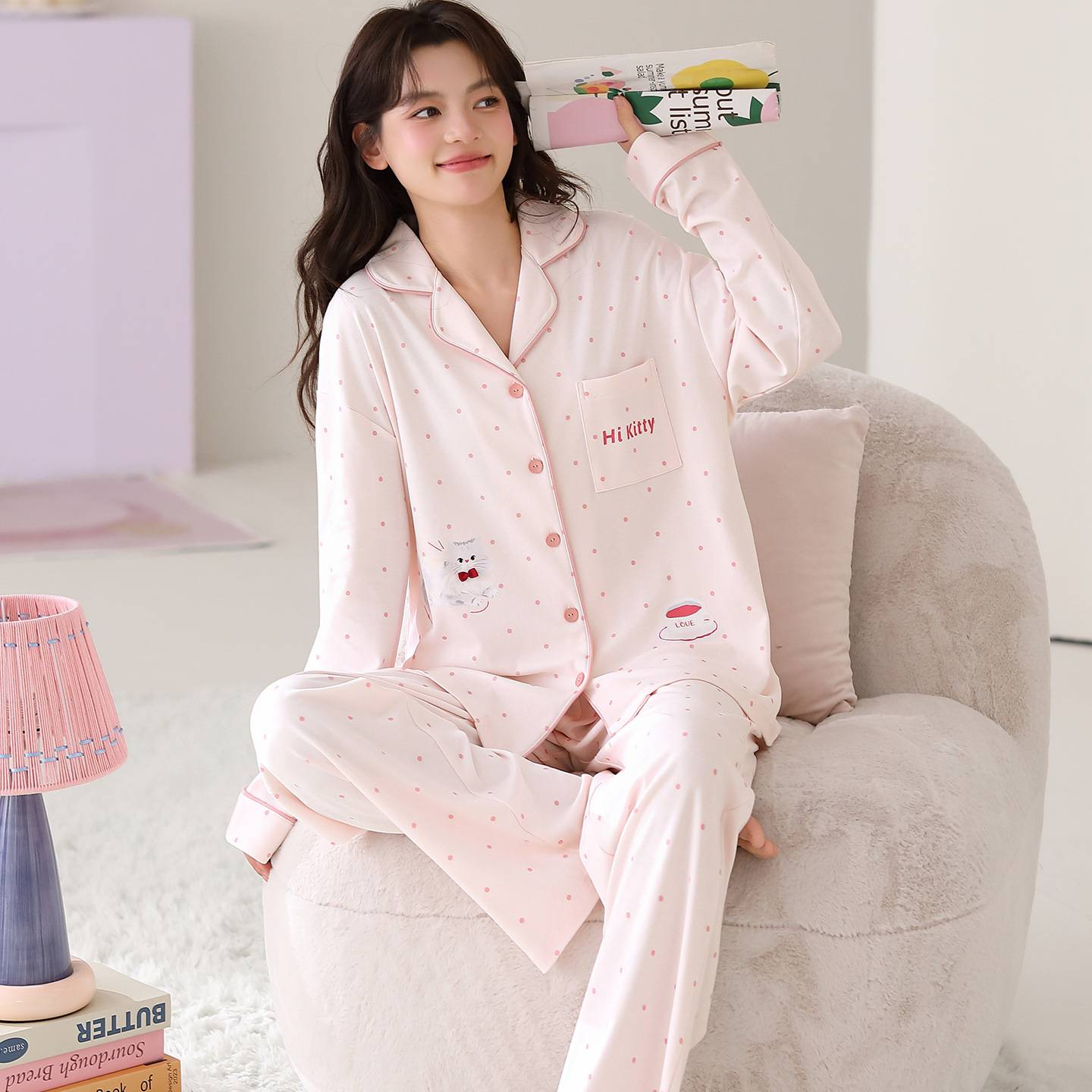 专柜品牌长袖长裤棉质开衫翻领睡衣女甜美卡通少女新款韩版时尚家